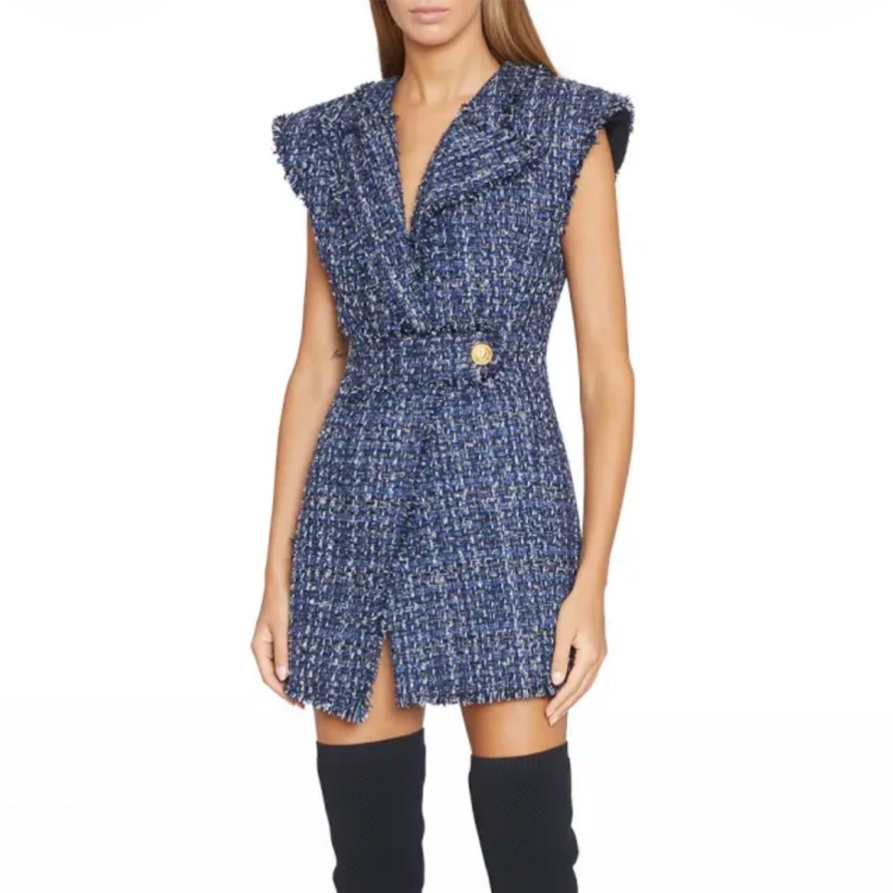 Balmain Navy Tweed Mini Dress with Gold Button